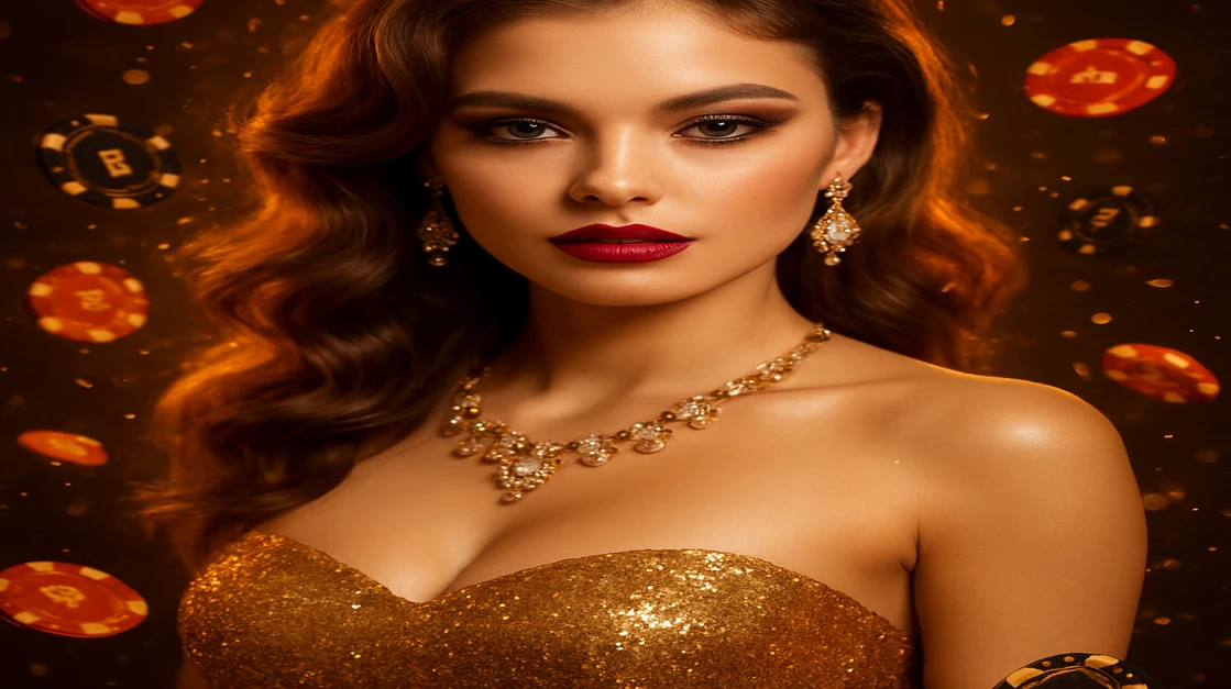 6rwin গেমিং প্ল্যাটফর্মে এক গ্ল্যামারাস নারী ঝলমলে সোনালি পোশাকে ঐশ্বর্যপূর্ণ জয়ের অভিজ্ঞতা তুলে ধরেন, চারদিকে চকচকে সোনা-চিপে ঘেরা পরিবেশ।