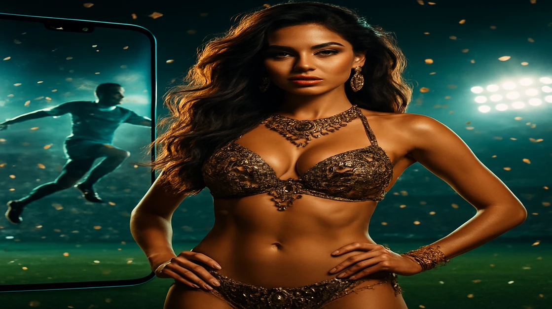 একজন জাঁকালো নারী জাঁকজমক-পোশাকে দাঁড়িয়ে, সামনে 6rwin স্পোর্টস-গেমিং অ্যাপ দেখা যাচ্ছে এমন একটি স্মার্টফোন, ভীড়ভরা স্টেডিয়াম_Background_।